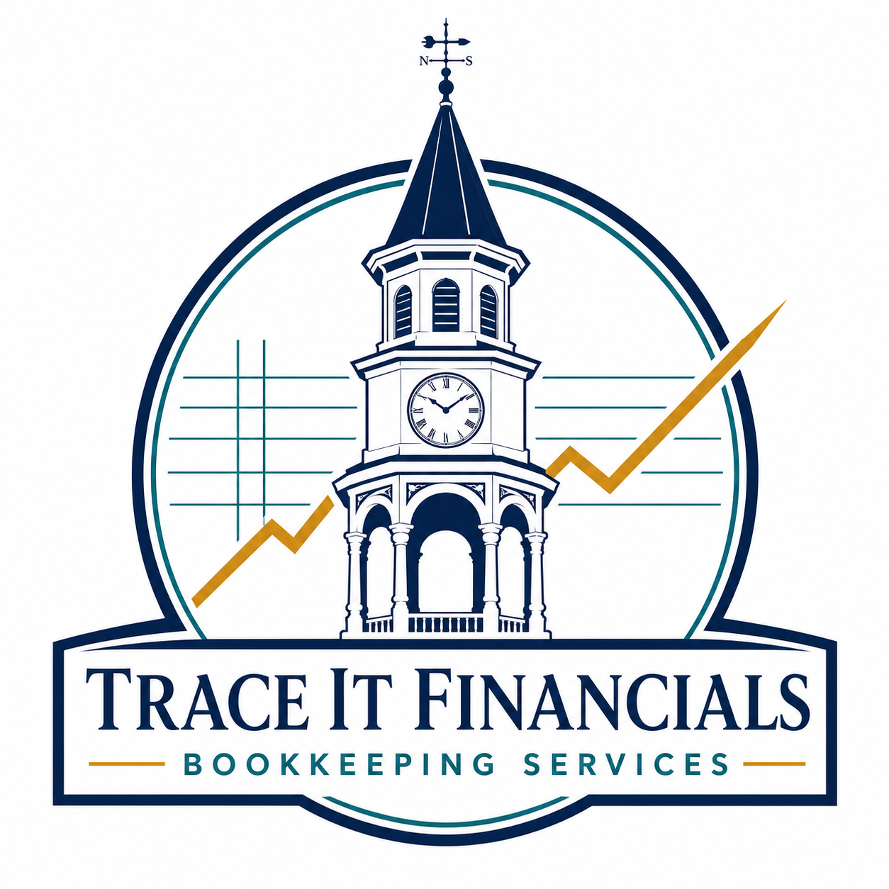 Red Bluff clock tower inspired Trace It Financials logo